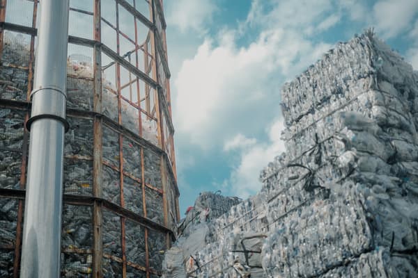 Towering bales of baled, verified recovered plastic